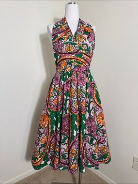 Handmade African Wax Print Ankara Cotton Halter Fit Flare Full Midi Dress